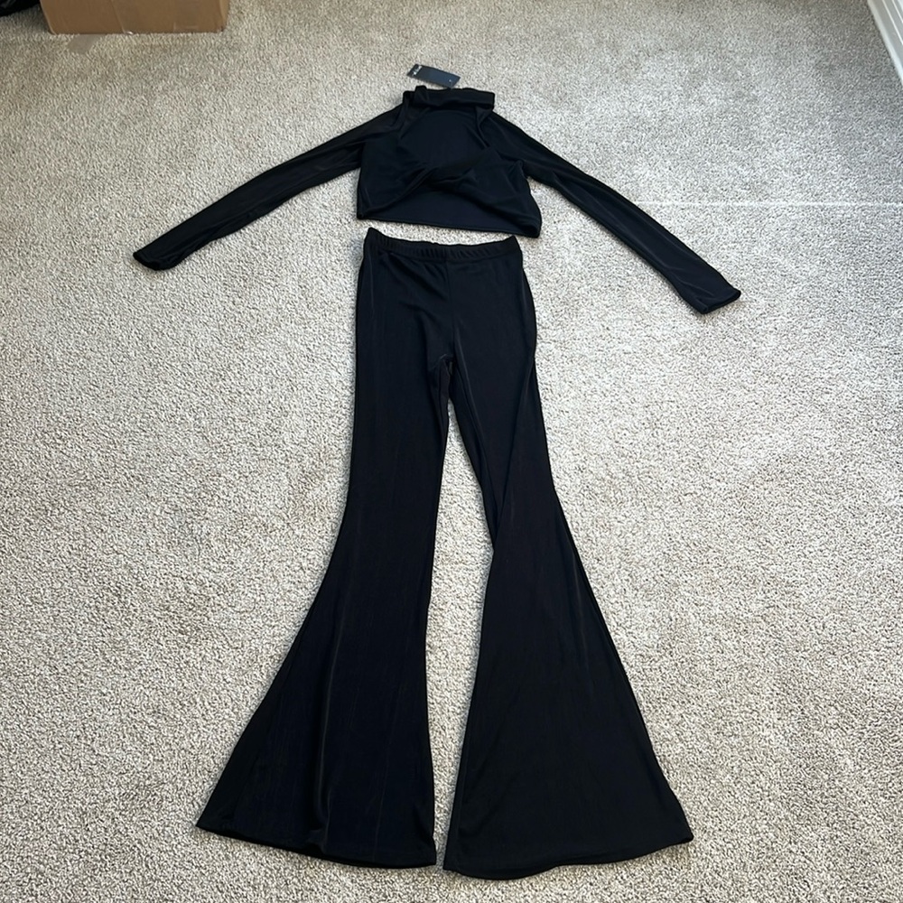 Nasty Gal Black Pant and Long Sleeve Crop Top Set